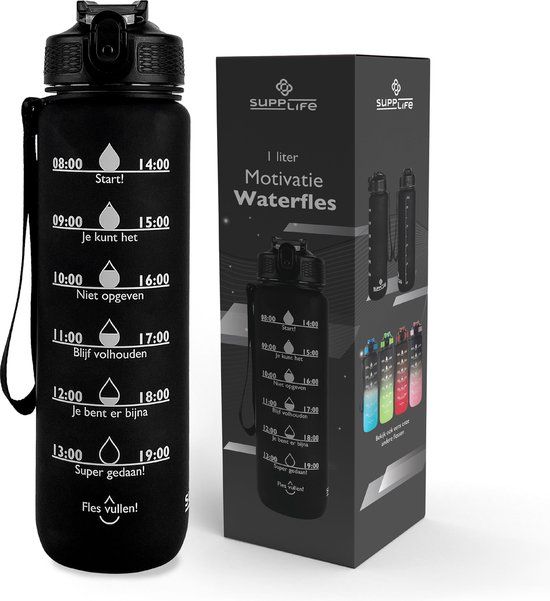 Supplife Bidon - 1 Liter - Zwart - BPA Vrij - met Rietje