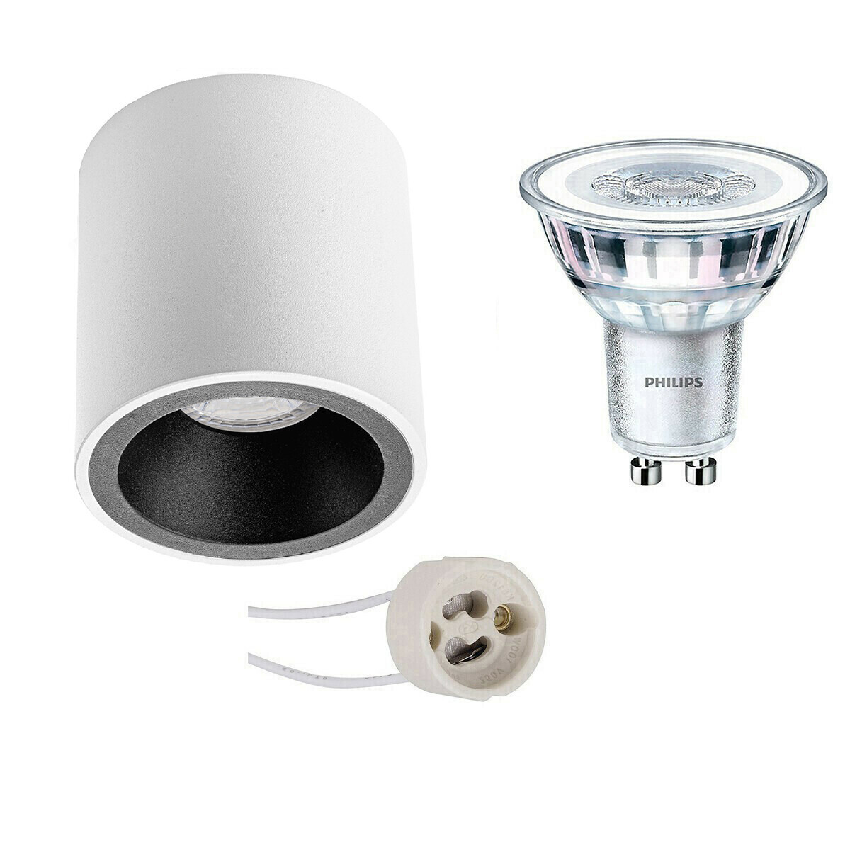 BES LED Opbouwspot Set - Pragmi Cliron Pro - GU10 Fitting - Opbouw Rond - Mat Wit/Zwart - Verdiept - Ø90mm - Philips - CorePro 830 36D - 4.6W - Warm Wit 3000K