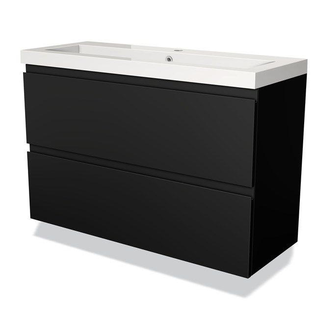 Maxaro Badkamermeubel 100cm Modulo Slim Mat Zwart 2 Lades Greeploos Wastafel Mineraalmarmer