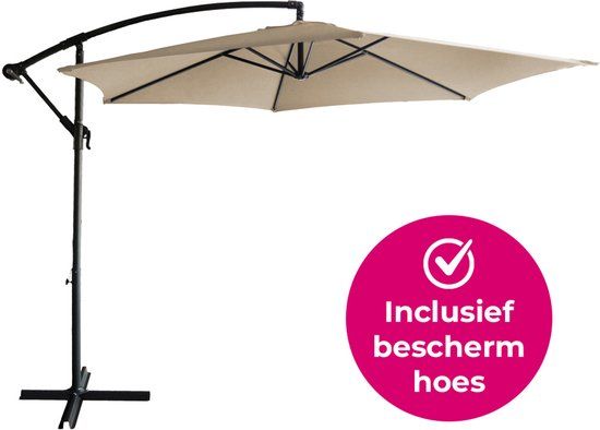 BluMill Zweefparasol Met Voet en Beschermhoes - Ø 300 cm - Waterdicht - Kantelbaar - Verstelbare Hoogte - Taupe - Beige