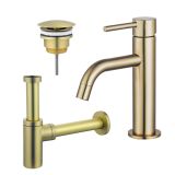Fortifura Calvi Slim Wastafelkraanset - lage wastafelkraan - always open plug - design sifon - PVD - geborsteld messing (goud)
