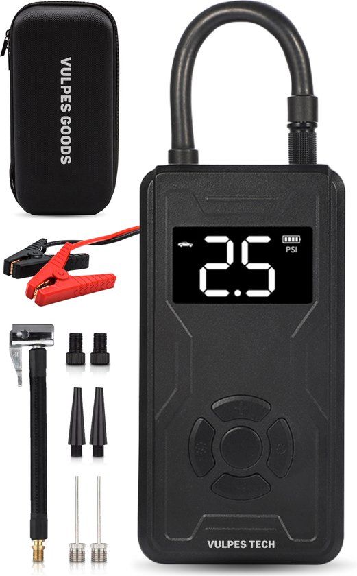 Vulpes goods Luchtcompressor met startkabels - 7-in-1 Bandenpomp - Elektrische Fietspomp - Draagbare Ballenpomp - Elektrische Compressor met 7 opzetstukken, Startkabels, zaklamp, powerbankfunctie & reistas - PRO MAX versie