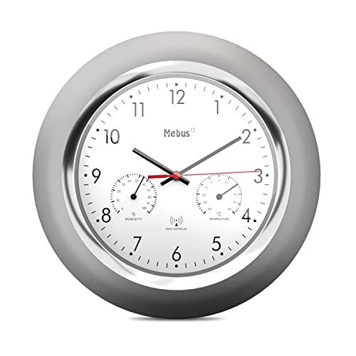 Mebus Radiografische wandklok met thermometer en hygrometer / zilveren frame / witte wijzerplaat / 24 cm diameter / rond / model: 19454 / kleur: zilver, wit