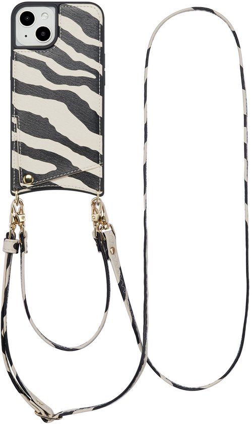 Selencia Hoesje - Geschikt voor Apple iPhone 14 / 13 - Backcover met koord en pashouder - Zazzy Zebra