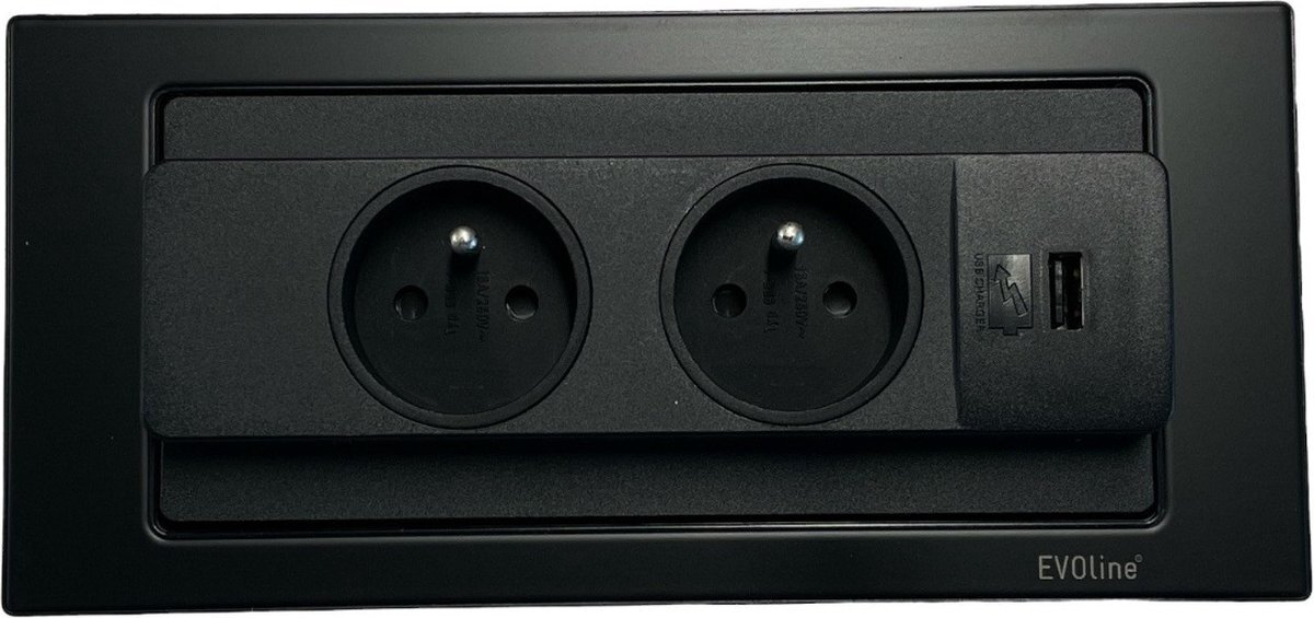 Evoline backflip zwart 2x stopcontact en USB-A lader BE/FR