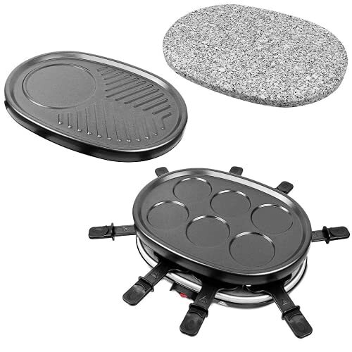 Leogreen - Raclette-apparaat 4-in-1, multifunctioneel, 8 personen, grillplaat, pannenkoekenplaten, 8 pannen, vaatwasmachinebestendig, 900 W