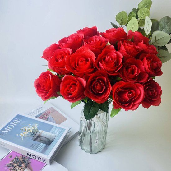 JMKA Kunstbloemen Rozen - Kunstplanten voor binnen - 18 bloemen - 45CM - Donker Rood