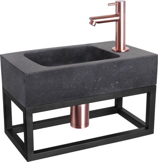 Differnz Fonteinset Force Rechthoek 40x22.5x24.5cm Bombai Natuursteen Zwart Handdoekrek Rechte Toiletkraan Clickwaste Sifon Geborsteld Koper