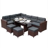 MonsterShop Jardí polyrattan hoekmeubelset - bruin - 9-zits - 9 cm dikke kussens