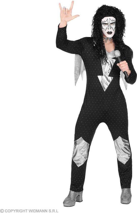Rocker Jumpsuit Kiss - Maat S - Zwart/Zilver - Mannen - 80's & 90's - Disco - Carnaval kostuum - Verkleedkleding