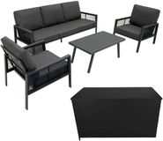 MonsterShop Aluminium loungeset & rotan opbergbox - antraciet/zwart - 4-delig