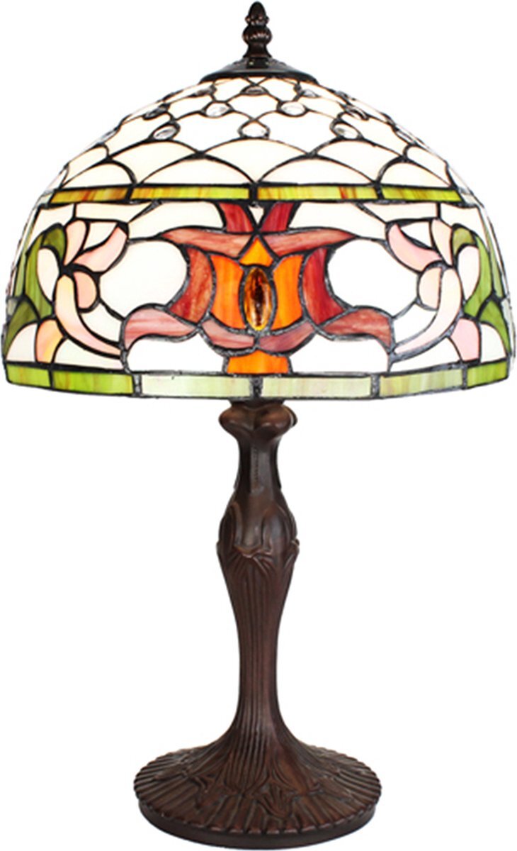 Lumilamp Tiffany Tafellamp Ø 30x49 cm Wit Groen Glas Rond Tiffany Bureaulamp Tiffany Lampen Glas in Lood