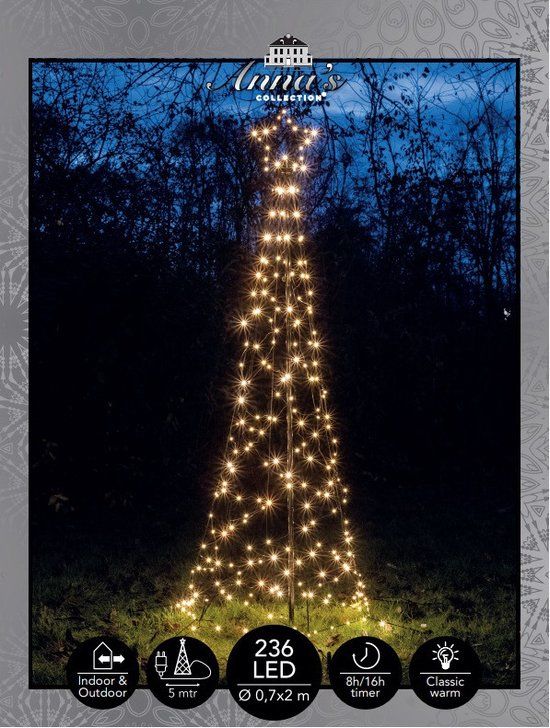 Anna's Collection Vlaggenmast kerstboom met ster - 236 LED - 200 cm - Warm wit licht