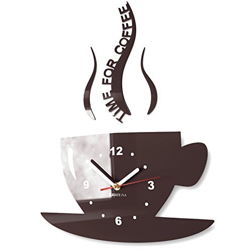 FLEXISTYLE Mok Time for Coffee (tijd voor koffie) moderne keuken wandklok, wengébruin, 3D romans, wandklok deco