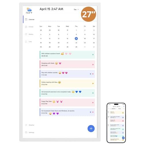Dragon Touch Kalender, 27 inch digitale kalender 2025 familie muurplanner, 1080P Full HD interactief touchscreen, slimme karweitkaart en thuisorganisatie, cadeau voor drukke gezinnen planning