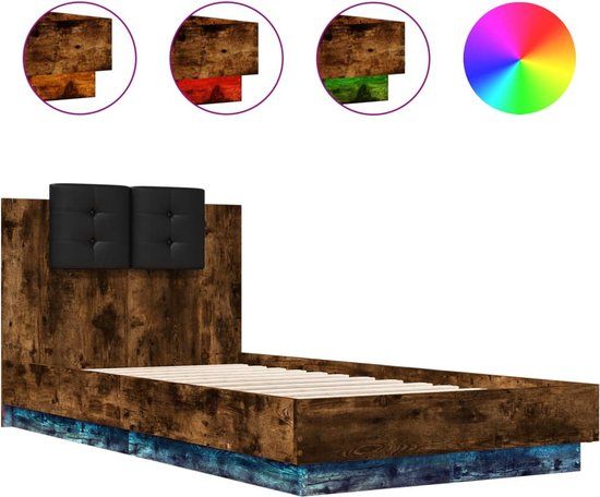 vidaXL Bedframe met hoofdbord en LED gerookt eikenkleurig 90x190 cm