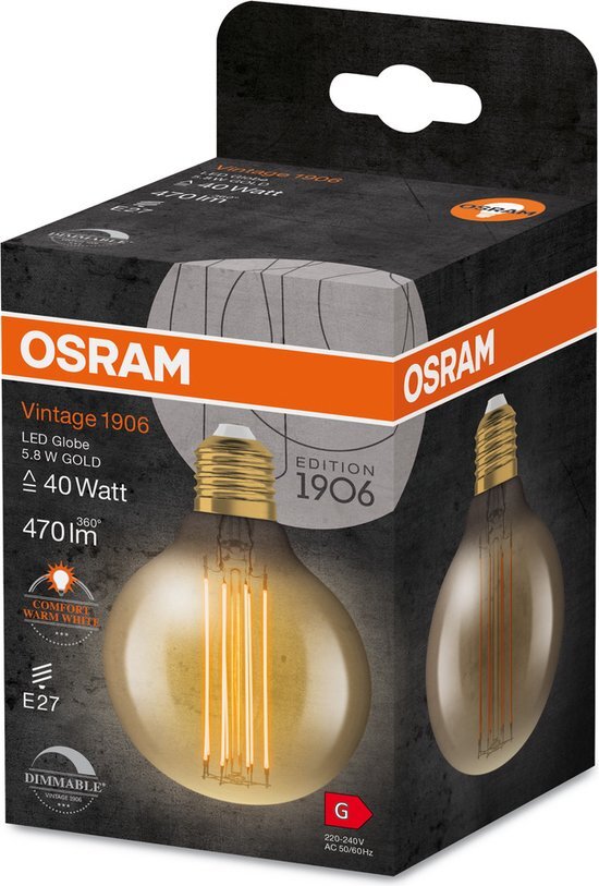 4x Osram E27 LED Globelamp | 5.8W Goud 2200K 220V 822 | 320&#176; &#216;80mm