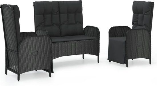 vidaXL 3-delige Tuinset met kussens poly rattan zwart