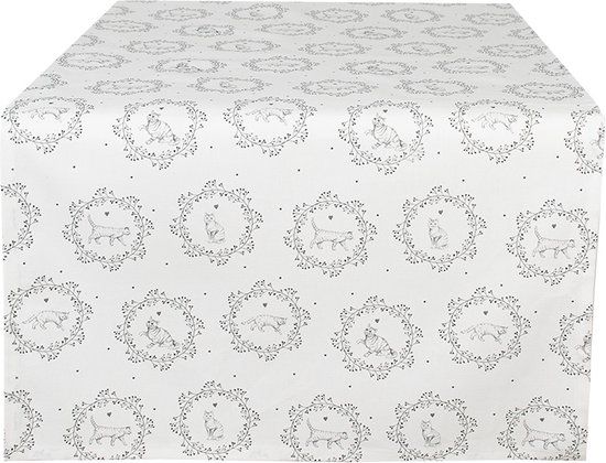 Clayre & Eef Tafelloper - 50x140 cm - Wit/Grijs - Katoen - Kat