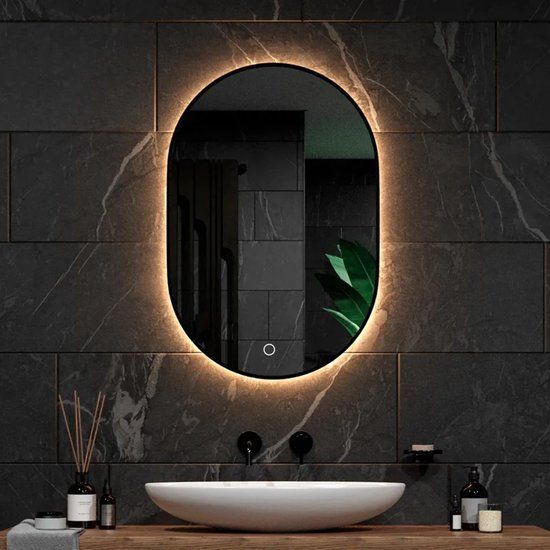 Mirlux Badkamerspiegel met LED Verlichting & Verwarming – Wandspiegel Ovaal – Anti Condens Douchespiegel - Zwart - 90x60CM