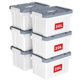 Cetomo 20L x 6 opbergdozen, plastic opbergdoos met deksels, organiserende container met handvat en veilige vergrendelende gespen, stapelbaar, nestbaar, draagtas voor thuiskantoor kleding, 20L-6Pack