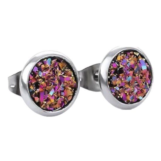 Aramat Jewels Kristal Serie Oorstekers Roze Druzy Kristal Staal 10mm - Roze
