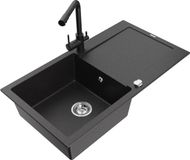 Mexen Leo granieten spoelbak 1-komorig met afdruiprek en keukenkraan Duero, zwart/zilver metallic