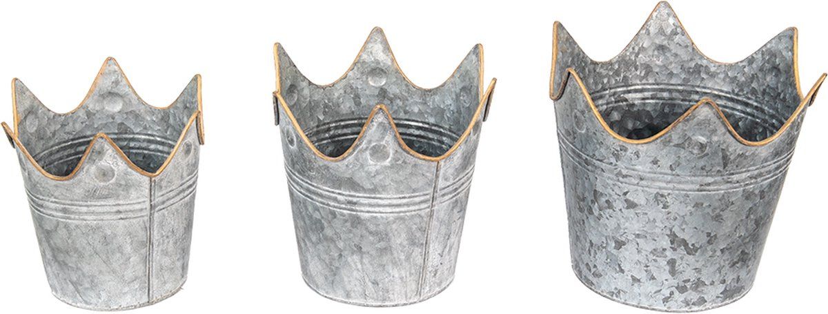 Clayre & Eef Planthouder Set van 3 Grijs Metaal Kroon Bloempot Decoratie Pot