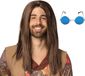 Boland Hippie Sixties verkleedset - Pruik lang haar bruin - bril blauw ronde glazen - heren - Flower Power look