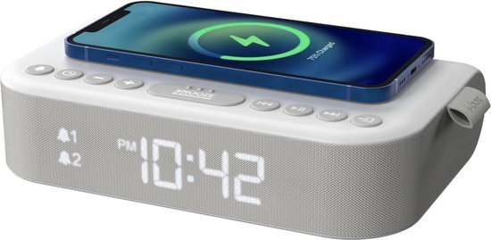 iBox Wekker met draadloos opladen, nachtkastradiowekker, stereo-bluetooth-luidspreker, draadloos QI-opladen met USB-aansluiting, dual-alarm, FM-radio.