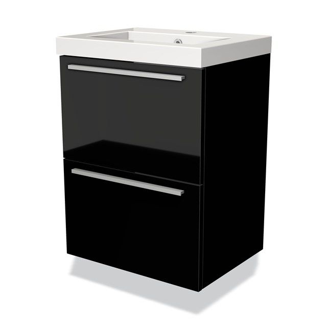 Maxaro Badkamermeubel 50cm Modulo Slim Hoogglans Zwart 2 Lades Vlak Wastafel Mineraalmarmer