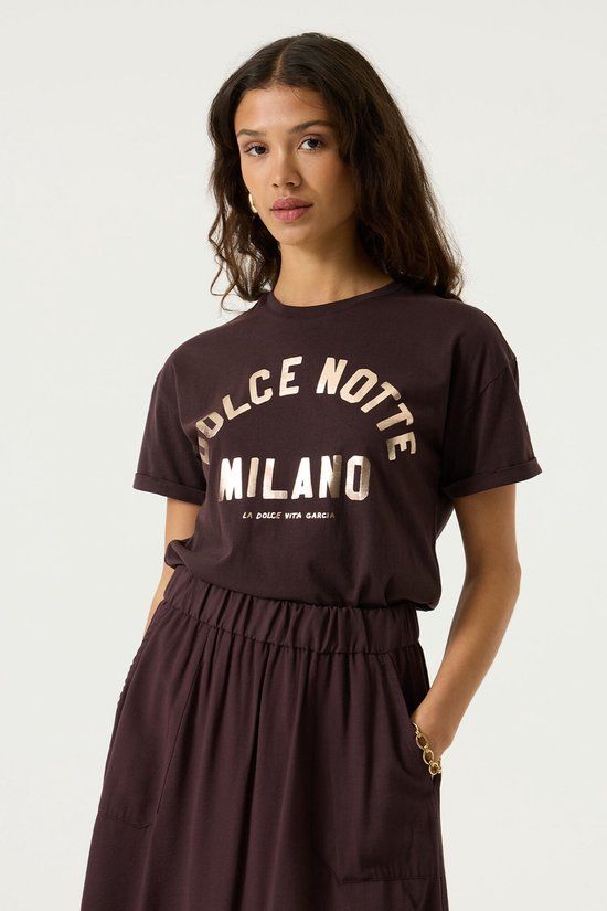 Garcia Dames Tekst Print T-shirt Bruin Korte mouw