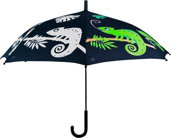 Esschert Design Magische Kameleon Paraplu - Kinderparaplu - Kleur Verandert bij Regen - Zwart/Groen/Wit - 88 cm