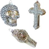 Dekohelden24 Lauschaer Set van 3 glazen kerstboomsieraden - doodskop kruis en klok - Lauscha kerstballen van glas - 8-13 cm