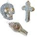 Dekohelden24 Lauschaer Set van 3 glazen kerstboomsieraden - doodskop kruis en klok - Lauscha kerstballen van glas - 8-13 cm