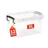 Cetomo Plastic opbergdozen, kleine opbergdoos met deksels, zonder franjes, stapelbaar, helder, 3 l - 12 stuks