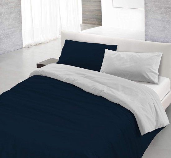 Italian Bed Linen Doubleface dekbedovertrek, 100% katoen, donkerblauw/lichtgrijs, tweepersoons