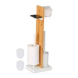 Merkloos Relaxdays toiletbutler, bamboe, 68 x 27 x 18 cm, staande toiletrolhouder, wc-borstel, reserverolhouder, wit-natuur