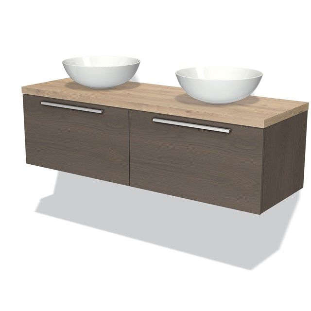 Maxaro Badkamermeubel Modulo Plato 140cm Donkerbruin Eiken 2 Lades Vlak Lichtbruin Eiken Blad