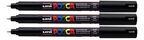 Posca Uni PC-1MR zwarte kleur verf marker pennen ultra fijne 0,7 mm kaliber tip penpunt schrijft op elk oppervlak glas metaal hout plastic stof (Pack van 3)