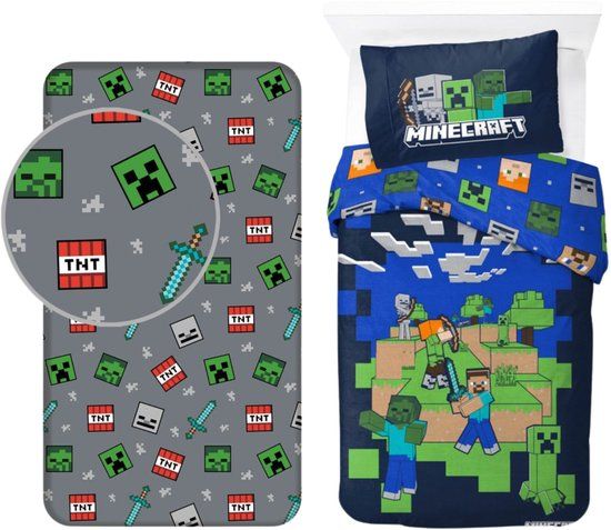4KidsOnly Minecraft Dekbedovertrek + Hoeslaken Eenpersoons Katoen 140x200 cm