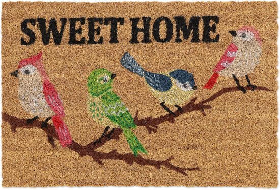 Relaxdays deurmat kokos, voetmat met vogels en opschrift 'Sweet Home', 40 x 60 cm, voor binnen en buiten, kleurrijk