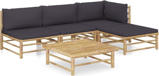 The Living Store Bamboe Lounge Set - 6-persoons - Donkergrijs - 65x70x60 cm