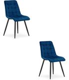 LEOBERT Set van 2 eetkamerstoelen SPLIT – Donkerblauw fluweel – Zwarte metalen poten