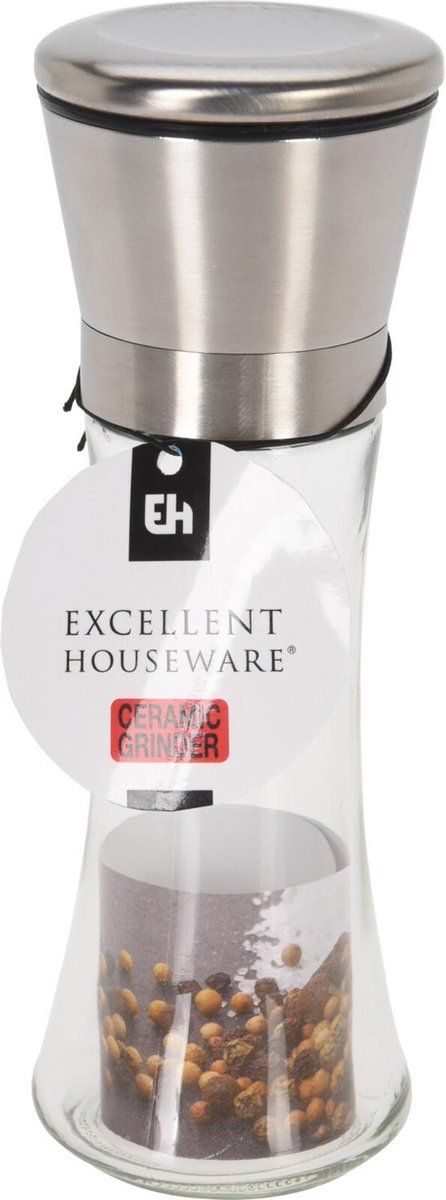 Excellent houseware Pepermolen glas met ceramic grinder RVS deksel - 8720573555494