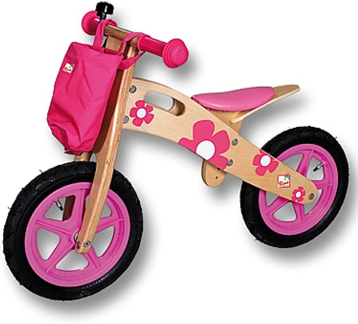 Bino Houten Loopfiets roze met bloemen Flobi