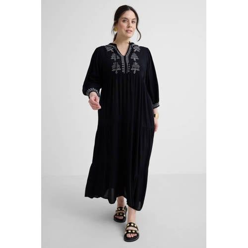 Anytime Crinkle Maxi Dress with Embroidery Black