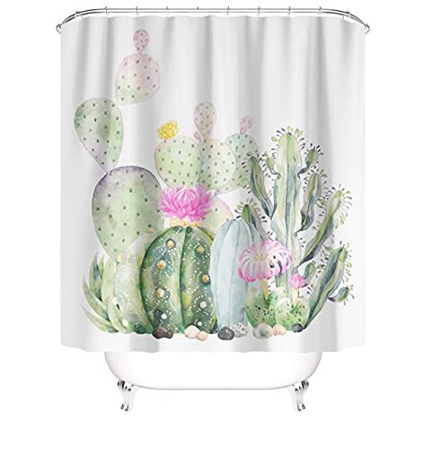 M&W DAS DESIGN Douchegordijn groen cactus roze bloemen schilderij planten textiel gordijn schimmelbestendige stof wasbaar Mexicaans tropisch douchegordijn incl. 12 C-ringen gewicht onder 180x200(BxH) cm