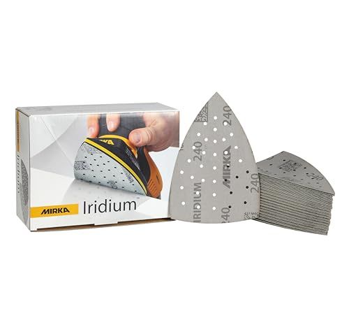 Mirka Iridium Schuurdriehoek Premium Schuurpapier 100x152x152mm 36-gaats Klittenband Korrel 240, 50 st/Voor het schuren van lak, plamuur, grondverf, hout, staal, vaste materialen, kunststoffen