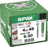 SPAX Pluggen type SD 6 x 30 mm + SPAX Universele Schroef 4,5 x 45 mm Verzonken Kop Deeldraad T-STAR plus T20 WIROX 100 + 100 stuks